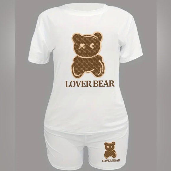 Cartoon Bear Print Casual Two-piece Crew Neck Short Sleeve T-shirt & Slim Set - Picture 3 of 7